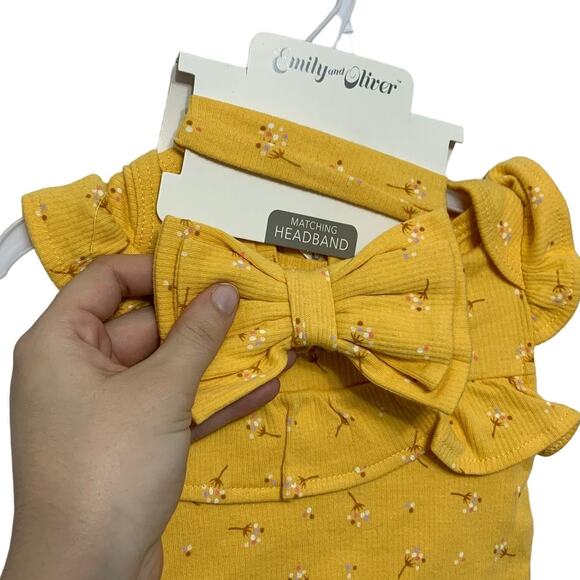 Emily and Oliver Floral Ribbed 3 Piece Set NWT Baby Sz 3-6 Months Yellow Cotton - Picture 5 of 7